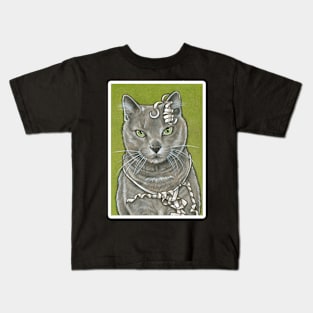 Gray Kitty With Ribbon - White Outlined Version Kids T-Shirt